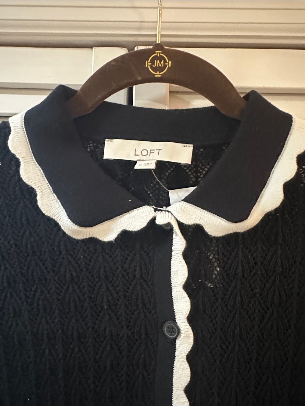 LOFT Black Cardigan with Cream Scalloped Trim - Picture 2 of 10